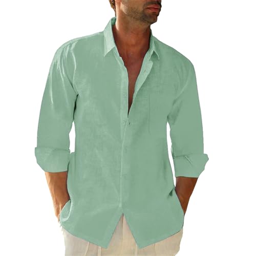 JEKAOYI Button Down Linen Shirts for Men Casual Long Sleeve Regular Fit Cotton Beach Shirts with Pocket Green
