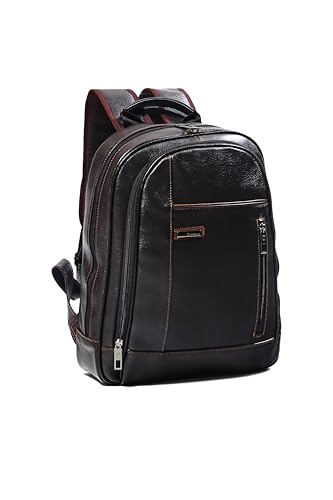 MOCHILA EM COURO CAFE COM PORTA NOTEBOOK BOLSO FRONTAS LISO