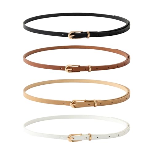 LAIVIYA 4 unidades de cinturón estrecho para mujer cinturón de cuero ajustable delgado clásico cinturón mujer estrecho para pantalones vaqueros vestidos negro caqui, blanco y beige, Hebilla de círculo