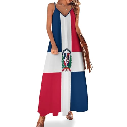 Robe longue insigne patriotique drapeau dominicain fines bretelles couleur bleu