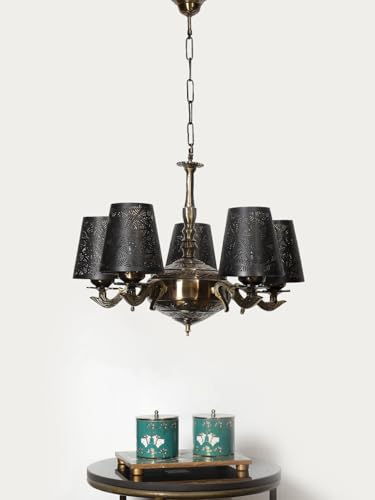 Image of Devansh 05 Lights Metal Etched Shade with Antique Golden Chandelier -ZA