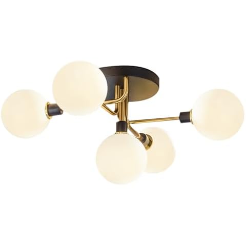 BOKT Mid Century Modern 5 Lights Milk Glass Globe Ceiling Light Black and Brass Semi Flush Mount Bathroom Sputnik Ceiling Light Fixture Vintage Close to Ceiling Dining Room Hallway Lighting Cover