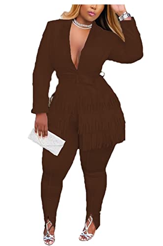 Aro Lora Womens 2 Piece Outfits Tassels Belted Long Sleeve Blazer And Slit Flare Pant Suits Set Xx-Large Brown #TOP20