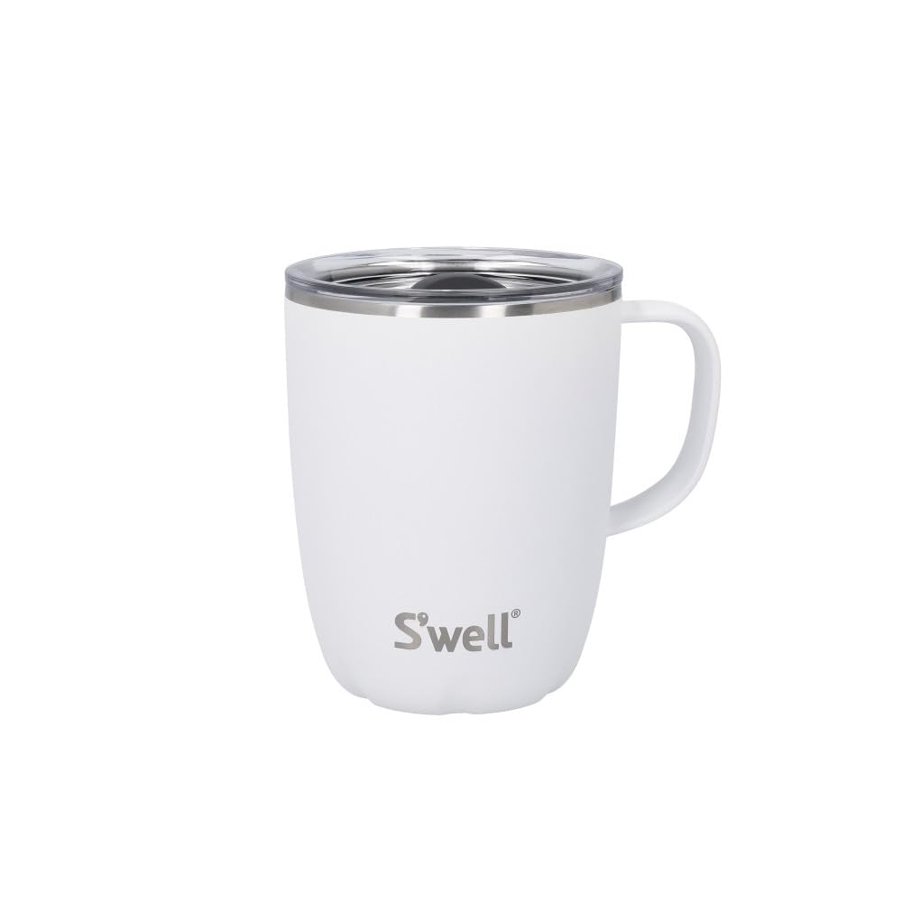 S'well Mug with Handle, Moonstone, 350ml. Vacuum Insulated Stainless Steel Travel Mug with Handle, On-The-Go Travel Cup with Slide-Open Lid - Dishwasher Safe, White