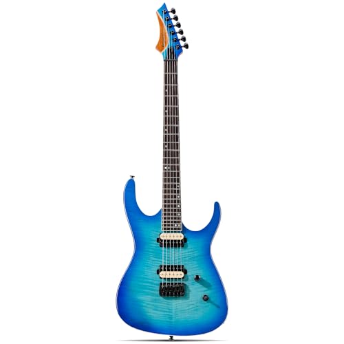 Leo Jaymz Electric Guitar Monsoon Series - Reverse Headstock, Mahogany Body,Roasted Maple Neck,Rosewood Fretboard,Locking Tuners,Rounded End Frets,AlnicoV Pickups,Fixed Hardtail Bridge (Blue Flame)