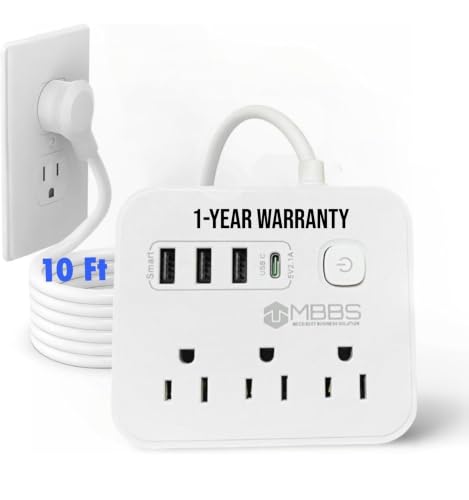 Protector eléctrico con extensión de 10 pies, 1200J de protección, 3 tomas AC, 4 puertos USB, interruptor LED – Compacto y para viajes – Compatible con hogar y oficina