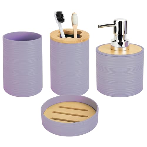 4PCS Lavender Bathroom Set, Soap Dispenser, Dish & Bamboo Holder, Rustic