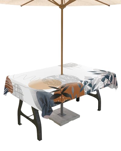 Geometric Eucalyptus Outdoor Tablecloths with Umbrella Hole and Zipper, Waterproof/Stain Resistant Rectangle Table Cloth 60x120 Patio Table Cover for Picnic Bohemian Leaves Modern Minimalist White