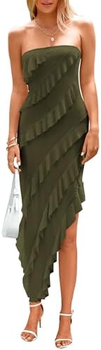 PRETTYGARDEN Summer Wedding Guest Dresses for Women 2025 Strapless Tube Ruffle Elegant Dinner Cocktail Long Dress