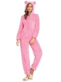 HOTIAN Fleece Onesie Pajamas for Women Fuzzy Sherpa Hooded Romper One Piece Winter Sleepwear Flannel Pajama Jumpsuit(Pink-M)