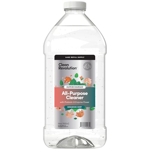 Image of Clean Revolution SuperCharged All Purpose Cleaner Refill with Smart Probiotic + Enzyme Complex, Multi-Surface Kitchen Bathroom & Floor Cleaner, Geranium Mint, 64 Fl oz (Pack of 1)