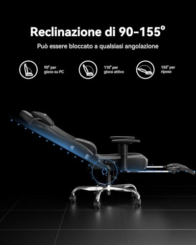 C3 Sedia da Gaming Ergonomica | Gaming Chair con Braccioli 2D, Poggiapiedi, Poggiatesta & Cuscino Lombare | Portata 150?kg | Tessuto Confortevole (Nero) - Sedia gaming - Immagine 5