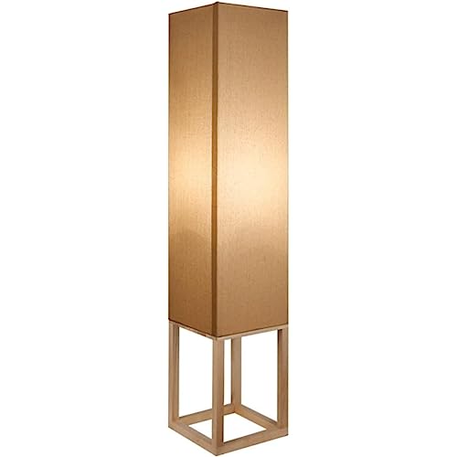 Lámpara de pie para salón con base de madera y pantalla difusora de tela