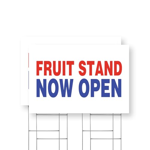 Fruit Stand Now Open Yard Sign 2 Pack of 24 Inch x 36 Inch Single Sided Weatherproof Heavy-Duty Plastic with Stake | Fresh Produce, Local Stalls, Grand Opening Promotions | Made in USA