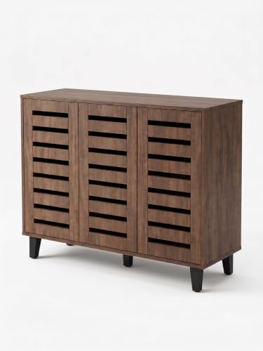 Image of Metro Three Door Engineered Wood Shoe Cabinet | Spacious Shoe Rack with Ventilated Slatted Doors | Modern Shoe Storage Organizer for Entryway, Hallway & Living Room | Walnut Finish