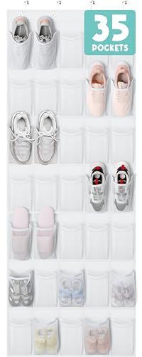 Over The Door Shoe Organizer 35 Durable Mesh Pockets Hanging Shoe Organizer Shoe Rack For Door Closet Entryway Bedroom Pantry Organizer - Shoe Holder Hanger For Sneakers, Women High Heeled Shoes White