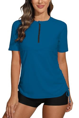 Halcurt women's half zip rashguard ruched UPF 50 swim top