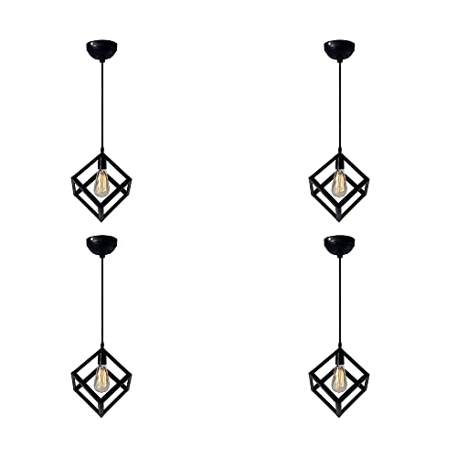 Image of JACKAL Cube Shape Pendant Light Without Bulb - Pack of 4 | Hanging Ceiling Light with Braided Cord | Decorative Chandelier for Home, Living Room, Indoor, Outdoor & Bar | Jhumar Lighting (Black)