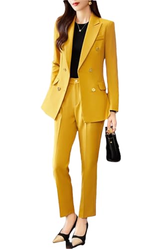 Women Professional Double Breasted Fashion Blazer and Pants Sets Office Ladies Work Wear Yellow Suits