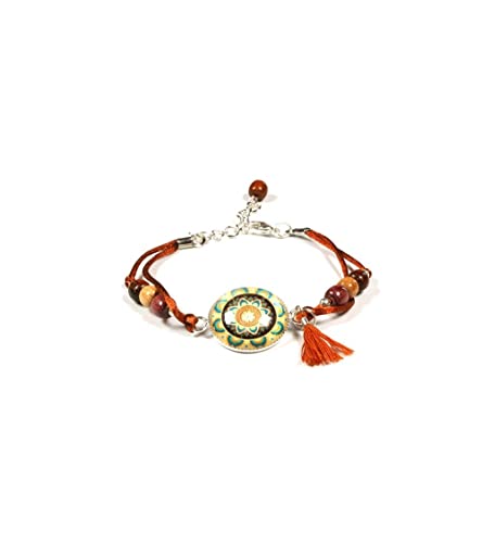 Bracelet double cordon caramel avec cabochon jaune vert, le cadeau idéal à offrir