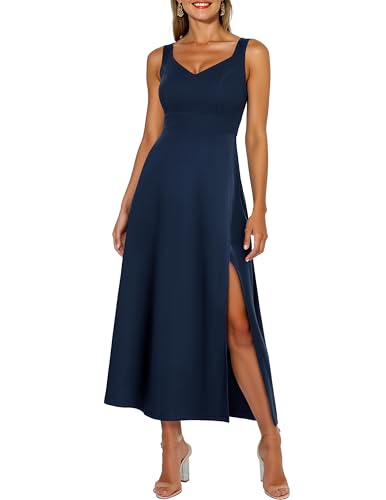 Bbonlinedress Abendkleider elegant für Hochzeit Cocktailkleid Damen ärmellos V-Ausschnitt festliches Kleid mit Schlitz Partykleider Navy XL