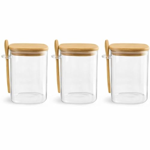 Kit 3 Pote Vidro Com Tampa Bambu E Colher Hermético 600ml Temperos Premium