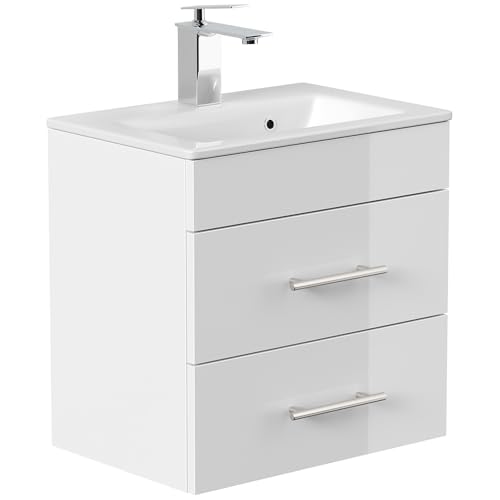 Lomadox Waschtisch 50 cm weiß Hochglanz mit Keramik Waschbecken, schmale Ausführung, Badezimmer Gästebad Bad Einzelwaschtisch Waschbeckenschrank platzsparend Schubladen