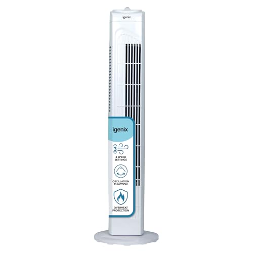 Igenix DF0030 Oscillating Tower Fan 45 Watt Power 30 Inch 3 Speed Settings High Medium & Low 2 Hour Timer with Auto Shut Off Quiet Operation White