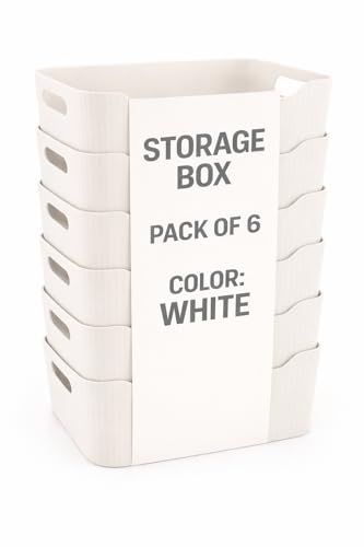 Image of Plastic Storage Box with Lid - Large Stackable Organizer Storage Box for Clothes, Toys, Kitchen - Big Size Plastic Storage Container Basket for Home, Office, Bathroom(Smal,Pack of 6,White)