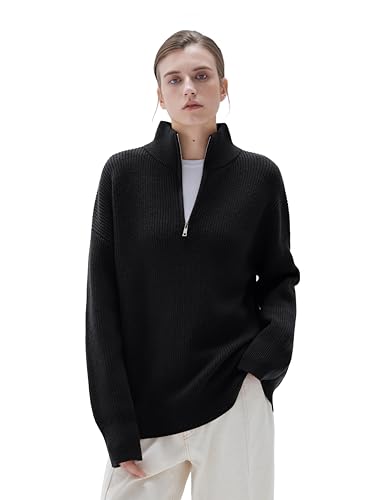 Image of SUUKSESS Women Cashmere Blend Oversized Quarter Zip Pullover Sweater Long Sleeve Collared Ribbed Knit Jumper Tops