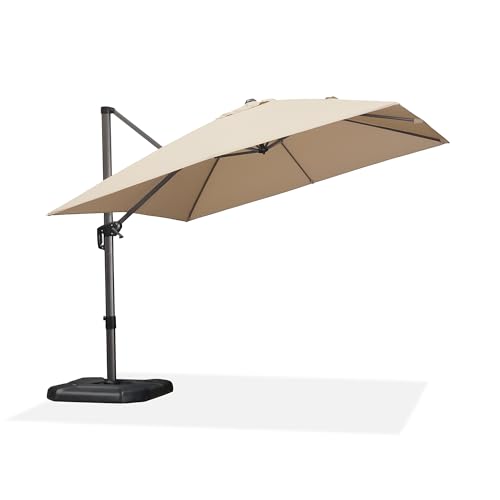 PURPLE LEAF Sonnenschirm 300 x 300 cm Groß Ampelschirm mit Kurbel 360-Grad Drehbar mit Fußpedal und Kreuzsockel für Terrasse, Balkon Sonnenschutz, Beige