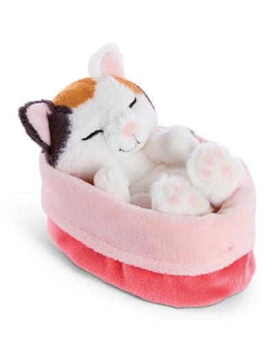 Kuscheltier Glückskatze 12cm schlafend im Körbchen - bunt - Stofftier aus weichem Plüsch, niedliches Plüschtier zum Kuscheln und Spielen, für Kinder & Erwachsene, tolle Geschenkidee | 63131