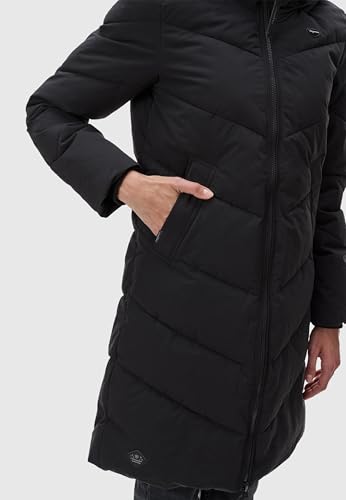 Ragwear Damen Wintermantel warmer wasserdichter Steppmantel lang mit abnehmbarer Kapuze Rebelka Black22 Gr. L