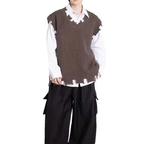 Mens Sweater Vest Vintage Loose Fit Lightweight Knit Sleeveless Pullover Waistcoat