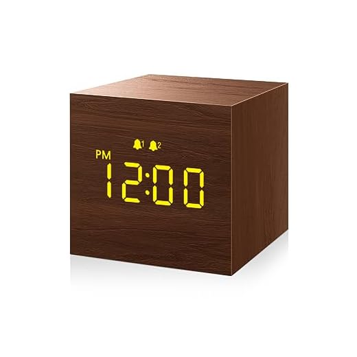 Digital Alarm Clock, with Wooden Electronic LED Time Display, 3 Alarm, 2.5-inch Cubic Small Mini Wood Made Electric Clocks for Bedroom, Bedside, Desk, Brown