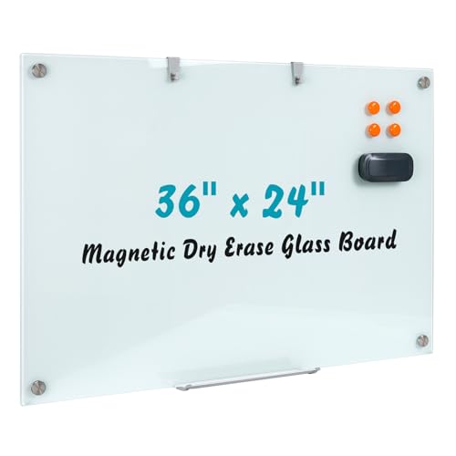 Glass Dry Erase Board, 36 x 24 Inches Magnetic Glass Whiteboard for Wall, 3' x 2' Frameless Board for Office, Home, School