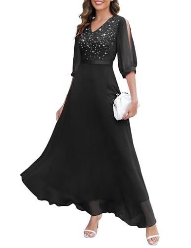 Wedtrend Women's Sequin Maxi Dress Slit Sleeve Semi Formal Dresses Sparkly Cocktail Party Dress Elegant Evening Gowns for Women Formal WT0317BlackM