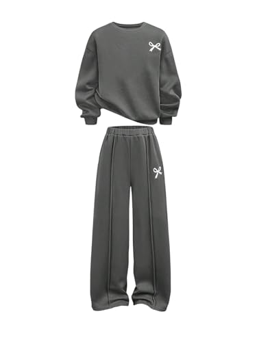 RoseSeek Girls 2 Piece Outfits Bow Graphic Pullover Sweatshirts and Wide Leg Pants Grey 10Y