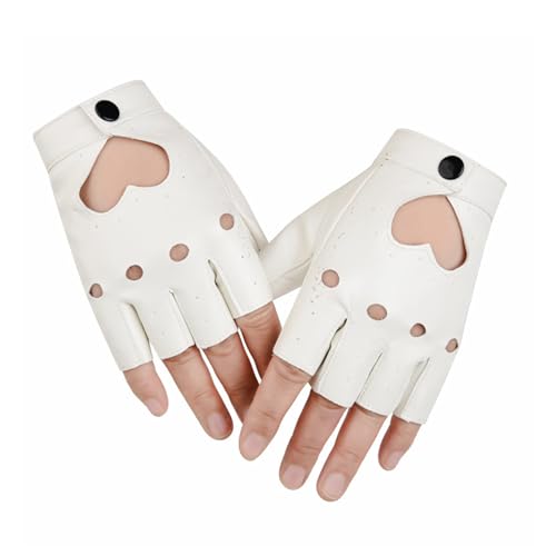 AWAVM Leather Fingerless Gloves,Black Fingerless Gloves for Women Men,Punk Half Finger Hollow Out Biker Accessories for Motorcycle,Dance, Player, Rock, Hip Hop, Cosplay (White)
