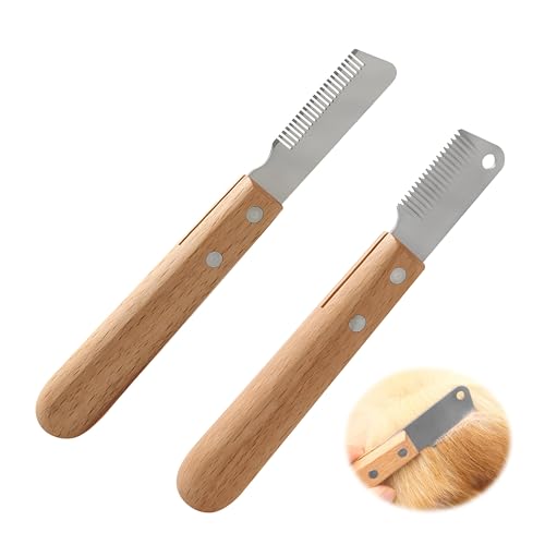 2 Stück Trimmmesser für Hunde, Hund Trimmmesser mit Holzgriff Satz Haustier Trimmer Edelstahl Trimmer Set rimmmesser Hund Trimm Messer Pflegemesser Fellpflege Werkzeug für Langhaar und Kurzhaar