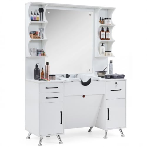 BarberPub Shampoo Bowl Cabinet, Shampoo Station with Mirror 3141 (White)