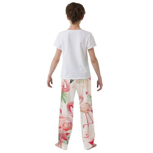 Xmas Flamingo Florals Boys Long Pants Soft Trousers Elastic Waist Kids Lounge Bottoms with Pockets S-XL3