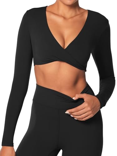 Sunzel Women's Long Sleeve Crop Top Buttery Soft Deep V Twist Workout Tee with Compression for Yoga Pilates Gym4