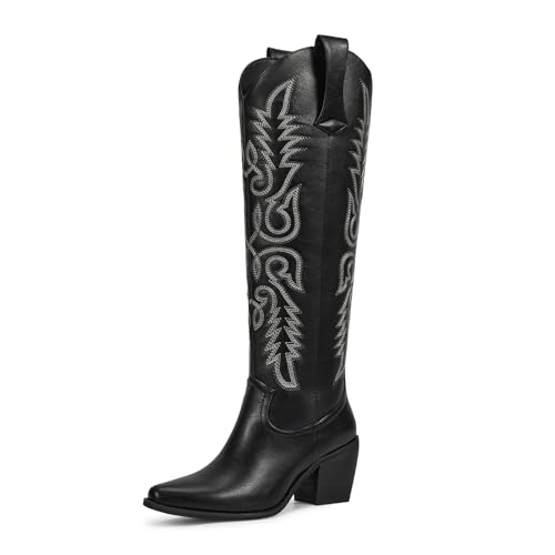 Image of wetkiss Women's Pointed Toe Cowboy Boots | Knee High Cowgirl Boots, Retro Embroidery, Chunky Heel, Pull-On, Style for a Classic Western Look,Stable and Comfortable