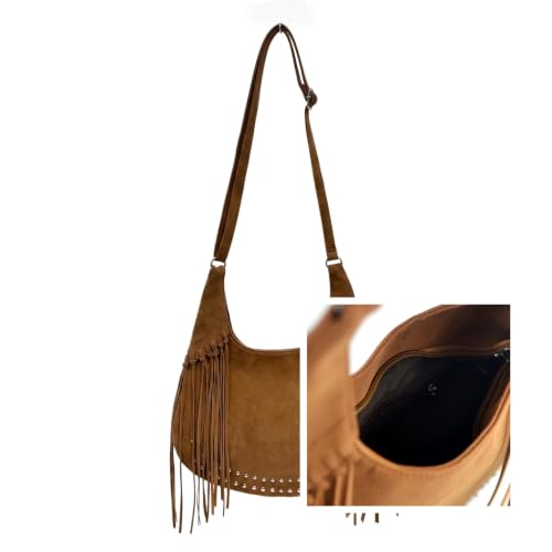 Image of Women Vintage Suede Fringe Hobo Bag Tote Shoulder Bag Crossbody Bag and Hippie Western Cowgirl Purse Shoulder Bag