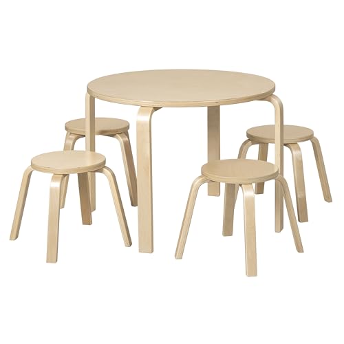 ECR4Kids Round Bentwood Table and Stool Set, Children's Furniture, Natural, 5-Piece
