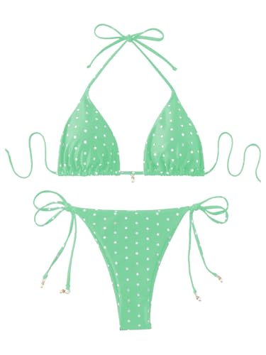 Image of SOLY HUX Women's Polka Dots Print Bathing Suit Halter Triangle Tie Side Bikini Sets Two Piece Swimsuit