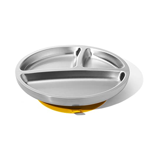 Avanchy Toddler Plates with Suction – Stainless Steel Divided Plates for Babies, BPA-Free, Dishwasher Safe, Unbreakable, Non-Toxic, 100% Silicone Suction – Yellow