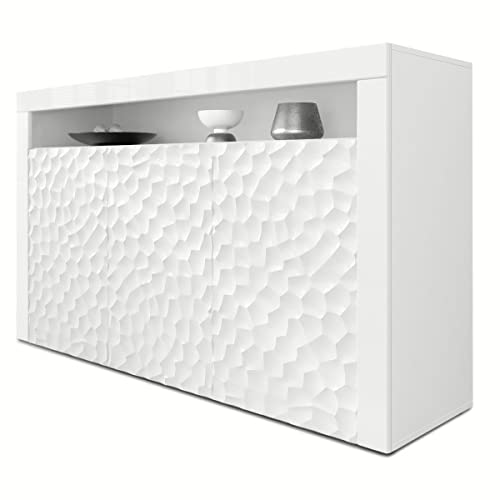 Vladon Buffet Valencia, Commode avec 3 Portes et 1 Compartiment Ouvert, Blanc Mat/Blanc Haute Brillance Calypso Structure 3D/Blanc Haute Brillance (155 x 92 x...