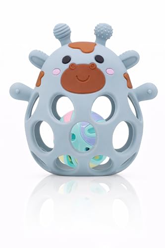MuyPetit Jirafa Sonajero y Mordedor bebé, Libre de BPA y tóxicos, Mordedor refrigerante bebe fácil de agarrar, Sonajeros bebe 0-3meses blanditos, Juegos bebes 6-12 meses (Azul con bolita)